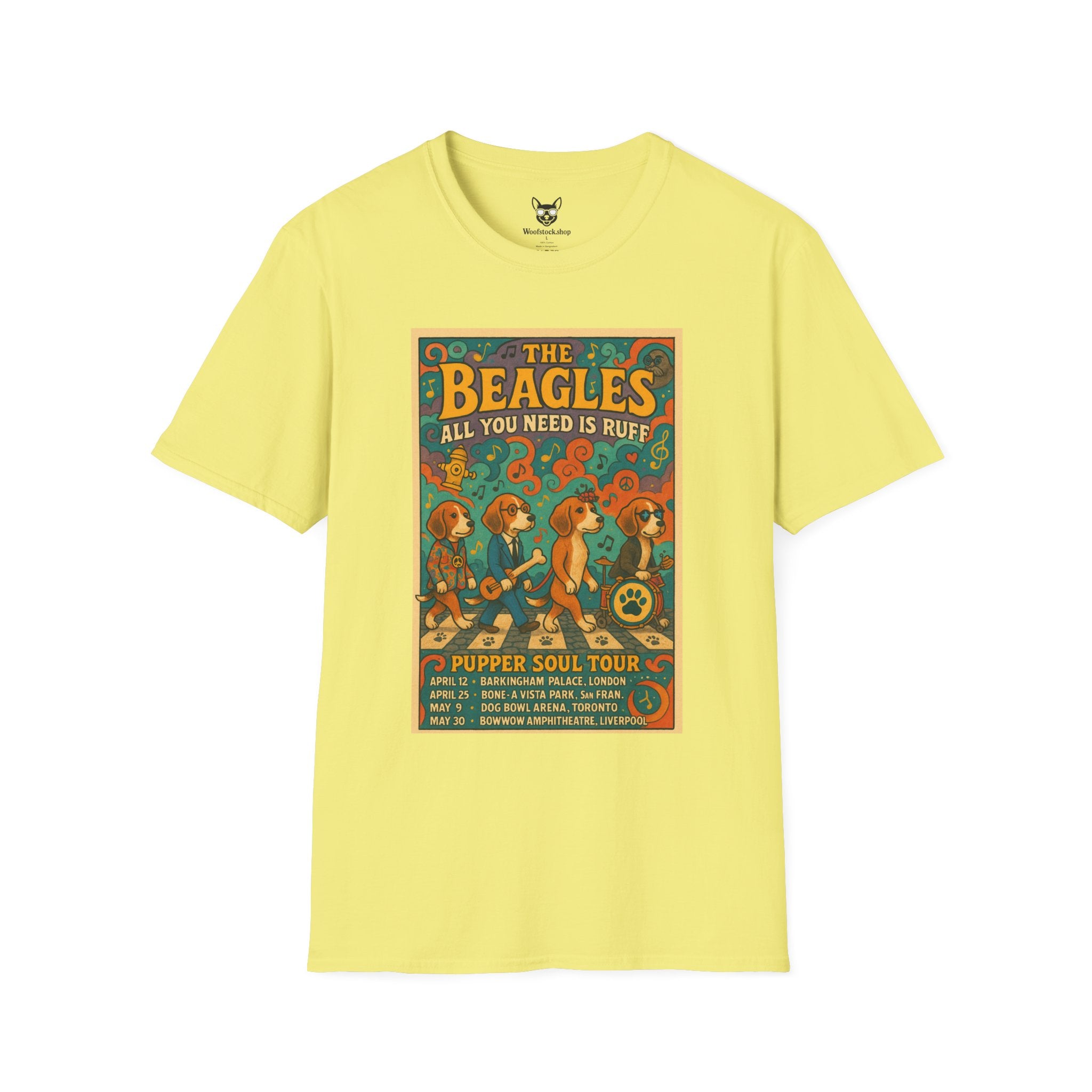 The Beatles Concert Poster Dog Parody Unisex Softstyle T-Shirt -- Funny Dog Concert Tee for Music and Dog Lovers